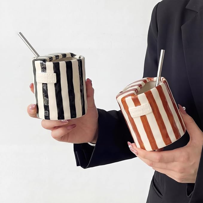 2 Pack Ceramic Mug with Sip Hole, Simple, Brown, Black | 10oz Ceramic Coffee Cup with Straws, Retro Hand Painted Striped, for Iced Coffee Tea Latte Espresso, Kitchen Dining Travel
