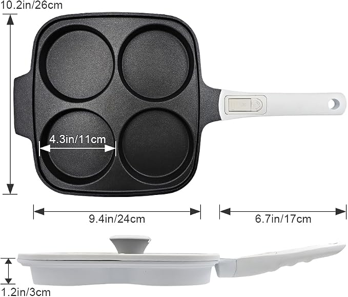 RANX INGST 4-Cup Egg Pan Nonstick with Lid 10 Inch Large Pancake Pan, White | Detachable Handle, Omelette Skillet Induction Compatible for Breakfast