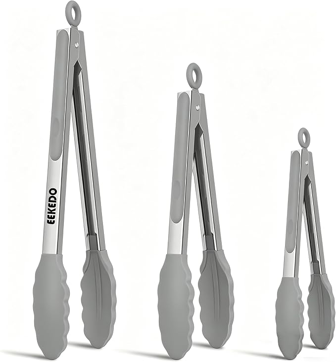 Kitchen Tongs, Stainless Steel Cooking Tongs with Silicone Tips, 600ºF High Heat-Resistant Non Scratch Locking Tongs for Cooking BBQ Grilling Air Fryer Pans, Set of 3(7" 9" and 12") Light Grey
