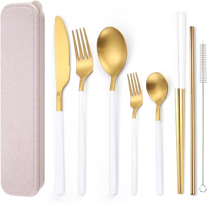 AARainbow 8 Pieces Stainless Steel Flatware Set Portable Reusable Cutlery Set Travel Utensils Set Including Chopsticks Knife Fork Spoon Straws Cleaning Brush Dishwasher Safe (B-White Golden)