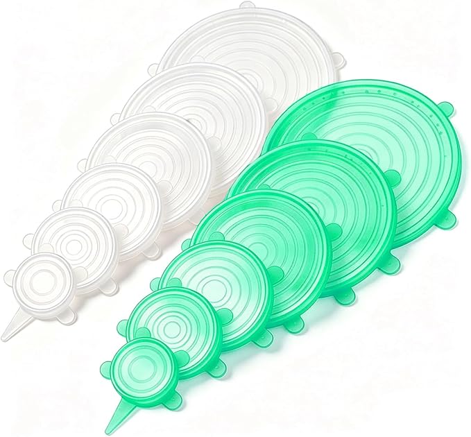 12 pcs Silicone Stretch lids set(6 Sizes,white&green) | Reusable Food Storage Covers ,Flexible to Fit All Shape of Containers,Food Cover to Keep Food Fresh