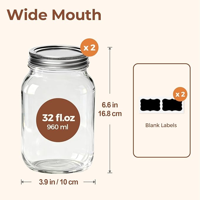 ComSaf 32 oz Wide Mouth Mason Jars 2 Pack Large Glass Jars with Lids | BPA-Free Materials, Quart Size, Chunky Salsa, Canning Pickling Sauce, Meal Prep Salad, Sourdough, Jam Jelly, Meal Prep