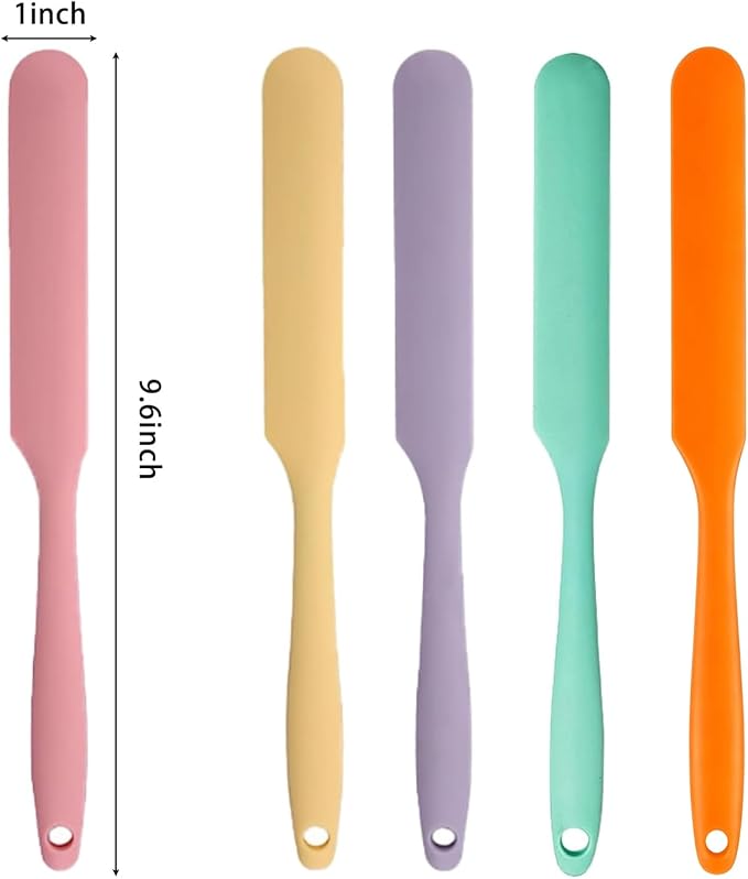 5 Pcs Silicone Jar Spatula Set, Sourdough Spatula, Long Handle Thin Spatulas for Baking, Cake Icing, Butter Cream Spreading, Jam Scraping (Purple, Pink, Green, Yellow, Orange)