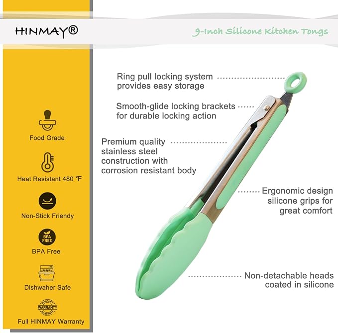 HINMAY 9-Inch Serving Tongs with Silicone Tips, Set of 3 (Mint Pink Yellow)