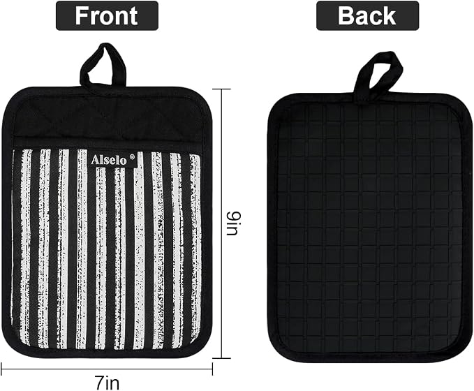 Alselo Silicone Pot Holders Set of 3 Heat Resistant & Non Slip Potholders | Professional Oven Hot Pads with Pockets Mitts for Kitchen Cooking Baking Barbecue (Black, 3)