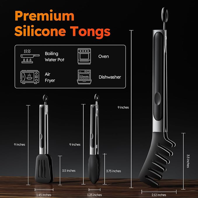 HST Tongs for Cooking with Silicone Tips(3 Pack), Non Stick Kitchen Tongs with Silicone Tip for Cooking BBQ Baking (9", Black)