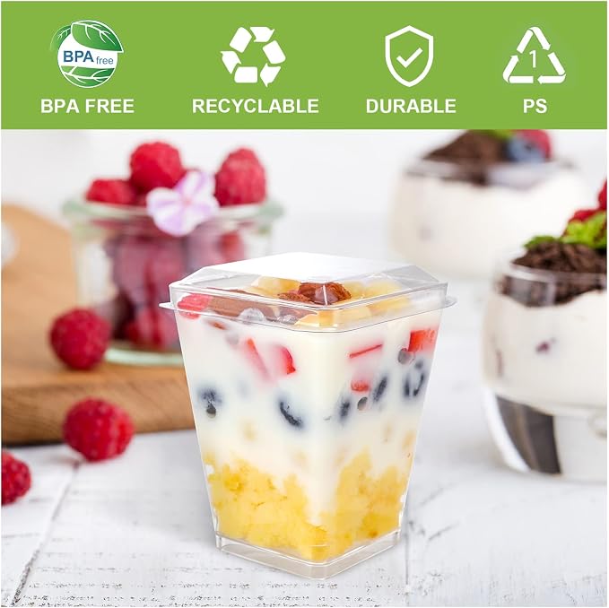 EASERCY 5 oz Plastic Dessert Cups with Lids and Spoons 150 Pcs Serves 50, Yogurt Parfait Appetizer Cup for Party, Dessert Shooter Cups for Pudding Jello and Fruit
