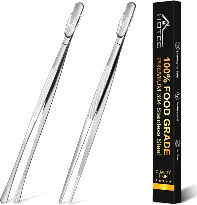 HOTEC Kitchen Tweezers Tongs Stainless Steel Professional Chef Tweezers, Set of 2-12inch Extra-Long Food Tongs for Cooking,Grill and Baking