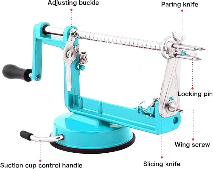 Apple Peeler Corer, 5 In 1 Apple Peeler Slicer Corer with Stainless Steel Blades and Powerful Suction Base for Apples and Potatoes(Teal)