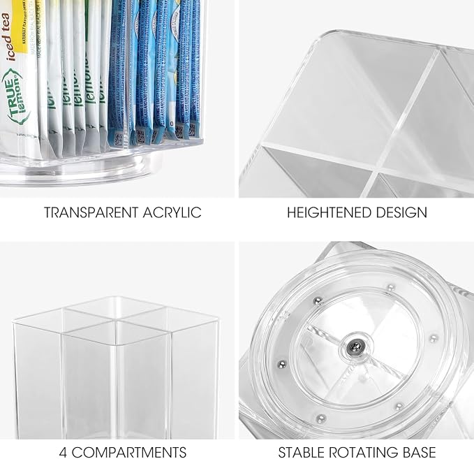 AIEVE Drink Packet Organizer, Lazy Susan Organizer for Water Flavor Packets, Drink Mix Rotating Turntable Sugar Packet Holder Container for Pantry Organizers and Storage, Square