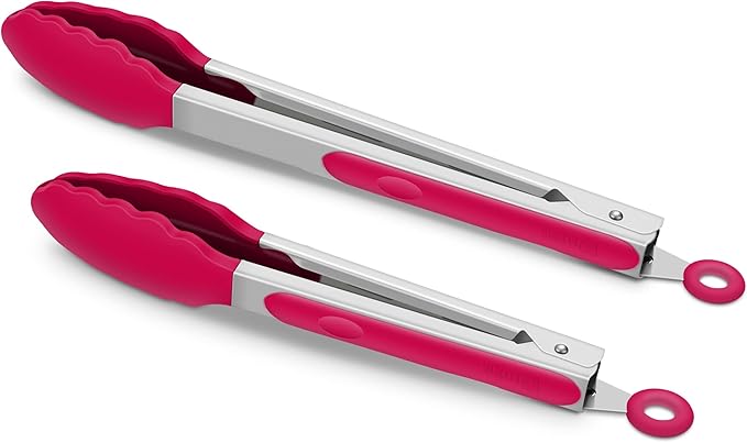 2 Pack Silicone Kitchen Tongs – 9" & 12" Set, Heat Resistant up to 500°F, Non‑Stick Cookware Safe, Wavy Silicone Tips, BPA Free, Locking Clip & Hanging Loop, Wine Red