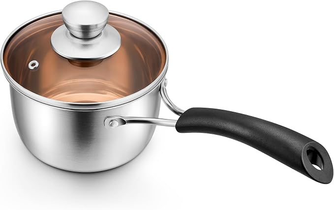 P&P CHEF 1 Quart Sauce Pan With Lid, Small Pot Saucepan for Milk, 1 Pc | Stainless Steel Saucepan, Small Sauce Pot for Cooking, Visible Glass Lid & Bakelite Heat-Proof Handles,Dishwasher Safe