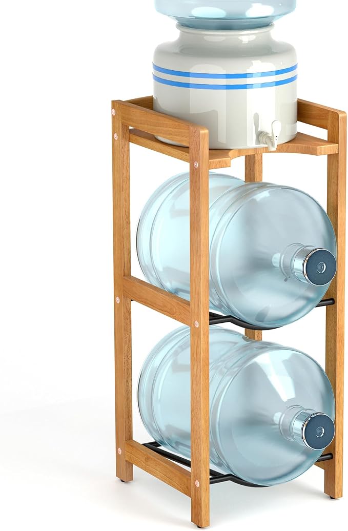 5 Gallon Water Jug Holder with Top Shelves, Natural Solid Wood Water Dispenser Stand 31"H, 3-Tiers 5 Gallon Water Jug Stand, Water Cooler Jug Rack, 5 Gallon Water Bottle Holder with 2 Slot & Top Shelf