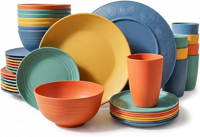 40-Piece Unbreakable Plastic Wheat Straw Dinnerware Set - Multi Color, 8-Person Dish Set for Dinner, Plates, Bowls, Cups & Appetizer Plates - Perfect for Outdoor Camping