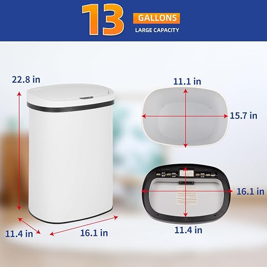 BestOffice | 13 Gallon Stainless Steel Trash Can with Lid | White | Automatic Touchless Garbage Can | Odor Control | Modern Oval Design | Easy to Clean | For Kitchen, Bathroom, Office or Home