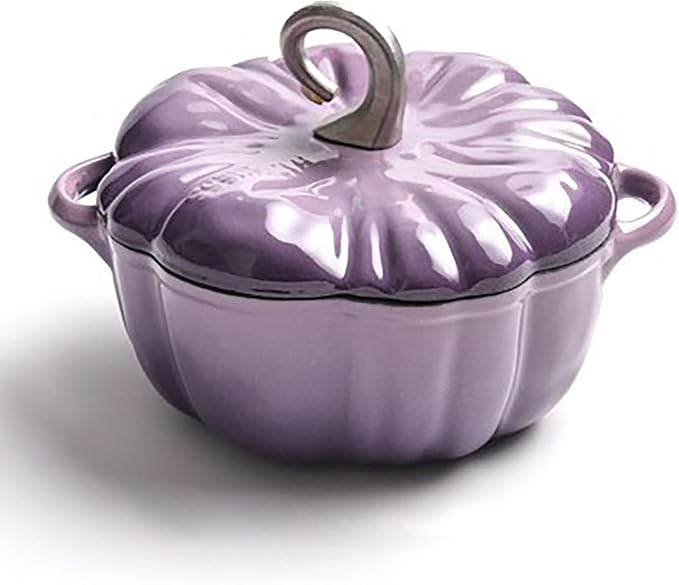 Pumpkin Cocotte Cast Iron Dutch Oven With Lid - Non-Stick Cooking Pot for Stew and Soup - Serves 3-5 - Halloween Thanksgiving Decor Gift (Purple)