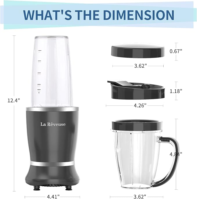 La Reveuse Personal Smoothie Blender, 7 Pieces Set, 250W, Black | for Shakes Smoothies Dips Sauces, BPA-free, Push to Blend, (1) 15oz Cup, (1) 10oz Mug, Dishwasher Safe, Compact, LARB2501B