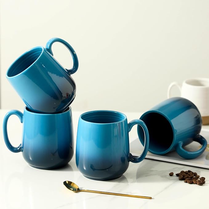 HASENSE 15oz Large Ceramic Mug Set, 4-Piece Blue Ombre Coffee Cups with Handle – Microwave & Dishwasher Safe for Cappuccino Latte Tea, Housewarming Present