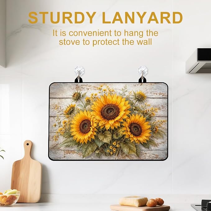 Sunflower Farmhouse Stove Top Cover for Electric Gas Glass Stove | Sunflower kitchen decor, yellow floral; non-slip stovetop cover, glass cooktop noodle board, rustic fall counter mat