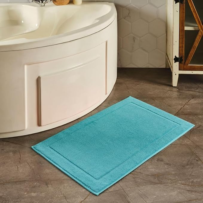 Hawmam Linen Teal Turquoise Bath Mats, 21 x 34 inches, Pack of 2-100% Ring Spun Cotton,[Not a Bathroom Rug] Banded Design, Highly Absorbent, Machine Washable for Bathroom Floor Towel
