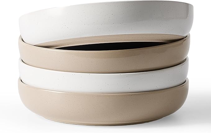 famiware Milkyway 33 oz Pasta Bowls Set of 4, White & Cinnamon Brown | Scratch-Resistant Stoneware Salad Bowls, Stackable, Dishwasher & Microwave Safe, Lead-Fre