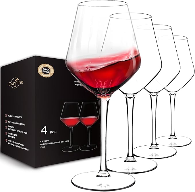 crayline Plastic Wine Glasses Set of 4(15oz) | 100% Tritan & BPA Free | Unbreakable Wine Glasses with Stem | Dishwasher Safe | Perfect For Pool, Patio, Camping, Outdoor Parties, Everyday Use.