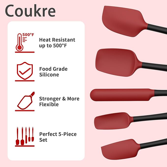 Coukre Silicone Spatula Set of 5,High Temperature Resistant, Food Grade Silicone, Dishwasher Safe, for Baking, Cooking (Red Black)