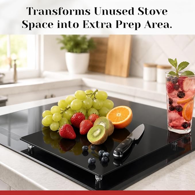 Multipurpose Tempered Glass Black Stove Cover 20 x 12 Inch – Countertop Cutting Board with Legs – Stovetop Cover to Expend Kitchen Space.