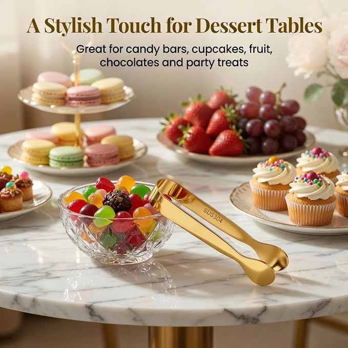 Mini Serving Tongs Set of 8, 4.25" Gold Stainless Steel Spoon Design | Perfect for Sugar Cubes, Charcuterie, Tea Parties, Dessert Bars, Candy Buffets. Elegant Multi-Station Serving for Events
