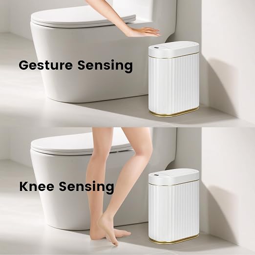 ELPHECO Motion Sensor Bathroom Trash Can with Lid 2 Gal Automatic Trash Can | Butterfly Lid, Room Decor Bathroom Accessories, Motion Sensor Wastebasket Garbage Can, Kitchen Living Room Office, White Gold