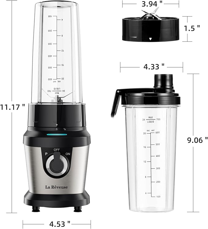 La Reveuse Smoothie Blender with 2 x 24oz To-Go Cups, 400W, Stainless Steel | Personal Size For Protein Shakes, Smoothies, Ice Crushing, BPA-free Cups and Spout Lids, Dishwasher Safe, 1 Speed and Pulse