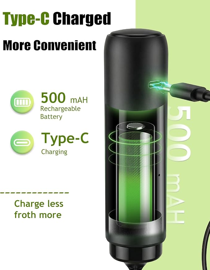 Electric Matcha whisk,Portable Milk Frother Handheld Electric Foam Maker | Drink Mixer with Stainless Steel Whisk for Cappuccino, Bulletproof Coffee, Latte, Black, without Stand, USB-C Rechargeable
