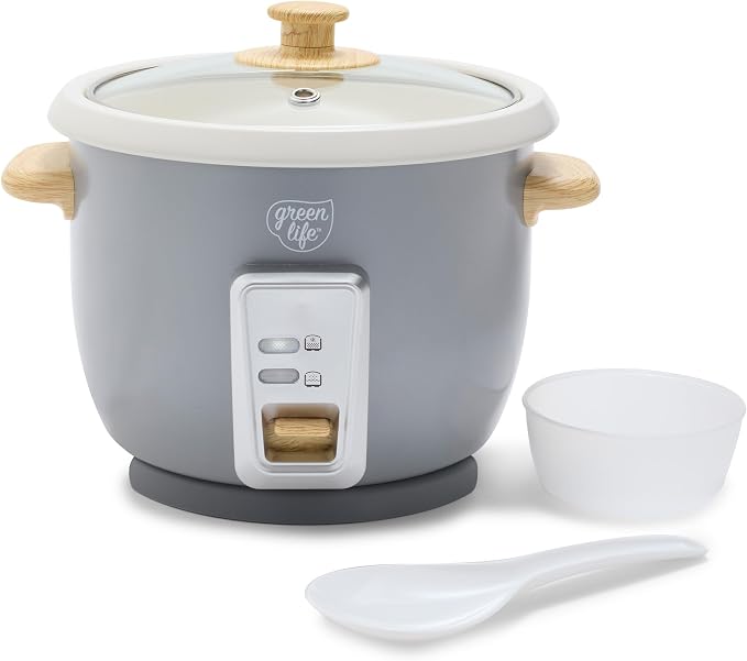GreenLife Rice Cooker, 3-Cups Uncooked/6-Cups Cooked, Gray | PFAS-Free Ceramic Nonstick Removable Pot, One-Switch Design, Grains Multicooker, Keep Warm, Dishwasher Safe Parts, Easy Clean