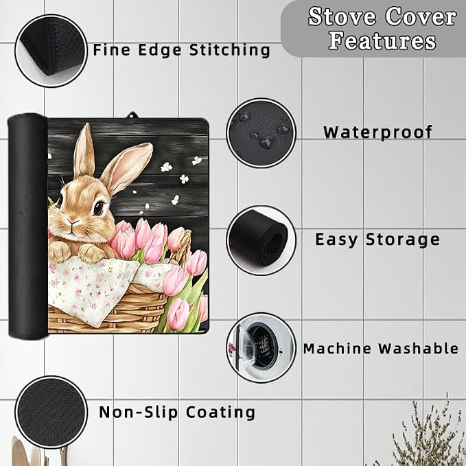 Easter Bunny Electric Stove Top Cover Protector,Rustic Flower Basket Stove Top Covers for Gas Burners,Pink Tulips Cooktop Mat for Ceramic Glass Cooktop Protector,Glass Top Stove Cover