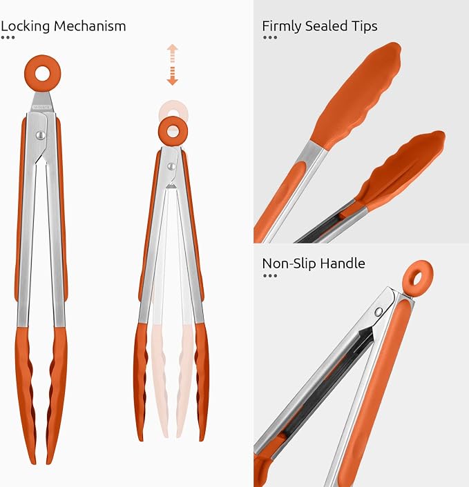 U-Taste Kitchen Tong for Cooking, 600ºF Heat-Resistant Tps, 9in/Orange | Rubber Tong for Serving Food, Salad/Grill/BBQ/Steak/Pasta Silicon Tongs, 18/8 Stainless Steel Handle & Smooth Locking