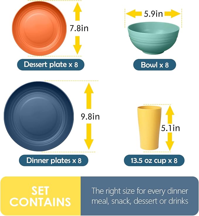 Teivio 32-Piece Plates and Bowls Sets for 8, Wheat Straw Dinnerware Sets | 13.5oz Cups, Plastic Unbreakable Dish Set, Dishwasher Safe, for Kitchen Outdoor Camping RV Essentials, Autumn Multicolor