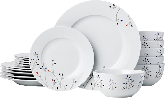 Amazon Basics 18-Piece Complete Kitchen Dinnerware Set, Microwave and Dishwasher Safe, Plates, Dishes, Bowls, Service for 6, Branches
