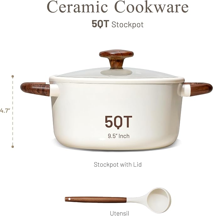 CAROTE 5QT Nonstick Stock Pot with Lid, 5 Quart Casserole with Ladle, Even Heating Stockpot, Fits All Stoves, Non Stick Big Cooking Pots PFOA Free, White
