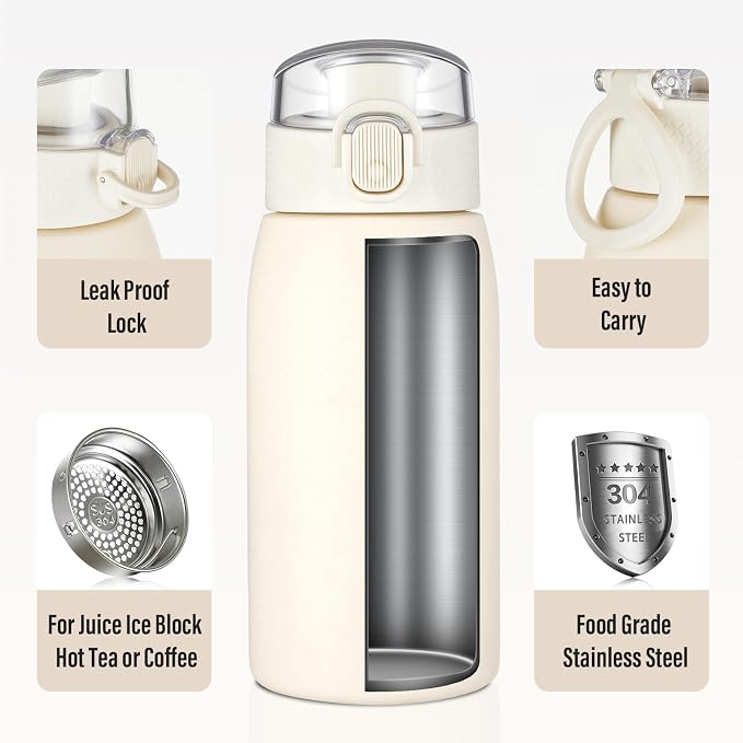 Insulated Water Bottle 12 oz with Dustproof Lid, Carry Handle & Tea Infuser, BPA-Free & Leakproof, Stainless Steel Water Bottles Ideal for Fitness, Hiking, Office & Outdoor Use （Beige ）