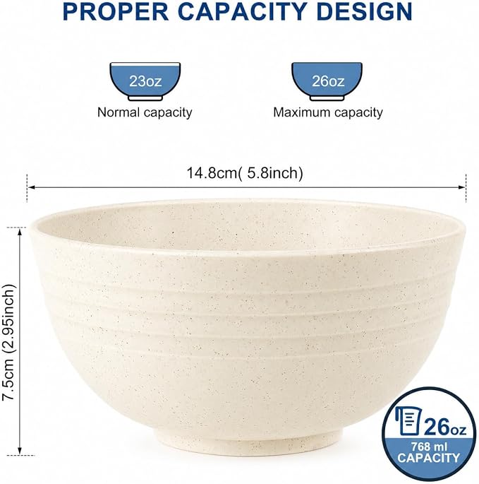 HOTEC Unbreakable Wheat Straw Cereal Bowls - Microwave & Dishwasher Safe Soup and Salad Bowls BPA Free, Set of 8, 26oz, Off-White