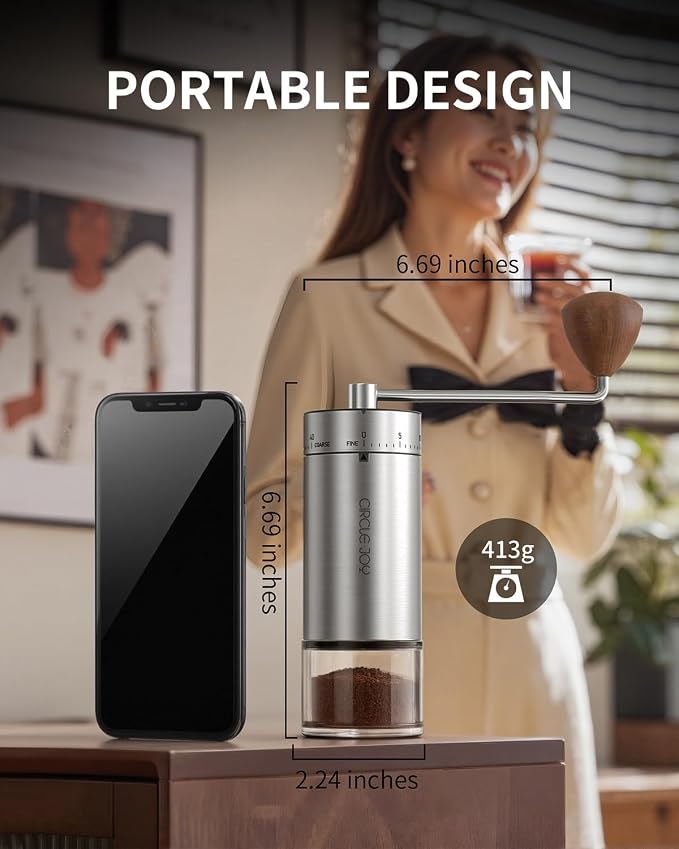CIRCLE JOY Manual Coffee Grinder with 40 External Adjustable Settings, Stainless Steel Burr Coffee Bean Grinder, Portable Hand Coffee Grinder for Home and Travel, Silver
