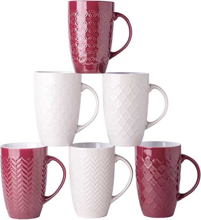AmorArc 20 oz Large Coffee Mugs Set of 6, Tall Ceramic Coffee Cups | 3 Assorted Designs, Embossed Ceramic Coffee Mugs with Large Handle for Coffee/Tea/Cappuccino, Dishwasher&Microwave Safe