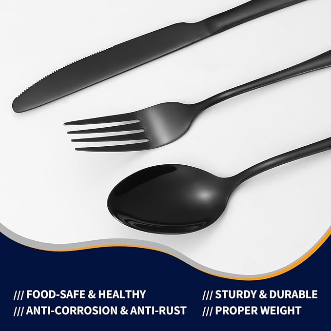 48-Piece Black Silverware Set with Steak Knives Black Stainless Steel Flatware Set for 8 Food Grade Tableware Cutlery Set Rust-proof, Mirror Polished, Dishwasher Safe