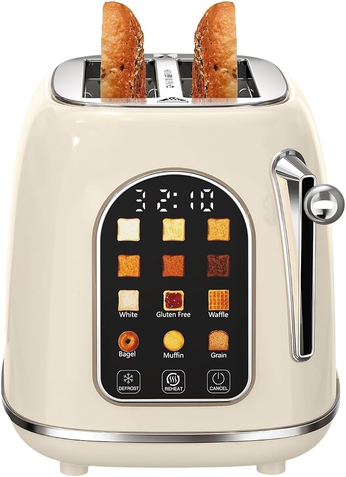 Mecity Toaster 2 Slice, Touch Screen Wide Slot Retro Toaster For Breads Bagel Muffin Waffle, House Warming Gift New Home, 120V 825W, Cream Color
