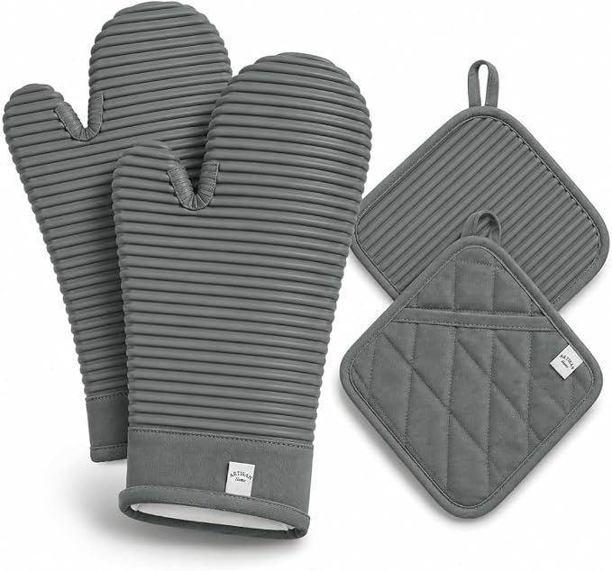Extra Long Silicone Oven Mitts and Pot Holders Sets | Heat Resistant 500°F BPA-Free Food Grade Silicone Hot Pads & Kitchen Mittens | 4-Piece Set of Oven Gloves & Potholders for Kitchens- Gray
