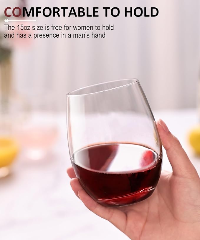 OJA Wine Glasses Set, Crystal Stemless Red Wine Glass, Set of 12, 15 oz | No Stem, Clear, Sturdy Drinking Glass for White Wine, Daily Use, Birthday, Wedding, Home Party, Anniversary, Shower Gift