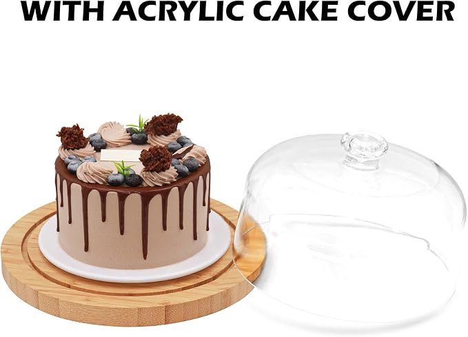 Bamboo Cake Stand & Charcuterie Board with Lid - Large Serving Acrylic Platter for Party Dessert Table Display, Decorative Server Tray for Cakes, Pastries, Cheese Display