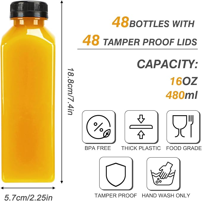 48pcs 16oz Plastic Juice Bottles with Caps, Sticker Labels, Brush | Reusable Plastic Juice Bottles with Caps and Labels, Funnel, Brush Beverage Containers for Juicing, Smoothies, Tea, Milk