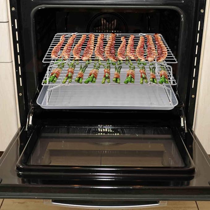 TeamFar Cooling Rack, 3 Tier 15" x 10" Stainless Steel Baking Roasting Rack | for Cookies Cake Pies Bread, Collapsible & Foldable, Healthy & Non Toxic, Oven & Dishwasher Safe