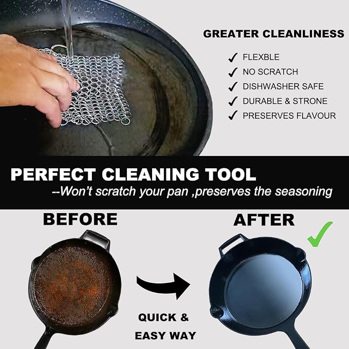 Cast Iron Cleaner - 6 Inch Stainless Steel Chain mail Scrubber for Cast Iron Pans Cleaner Chainmail Scrubber for Skillet, Wok, Pot, Dutch Ovens
